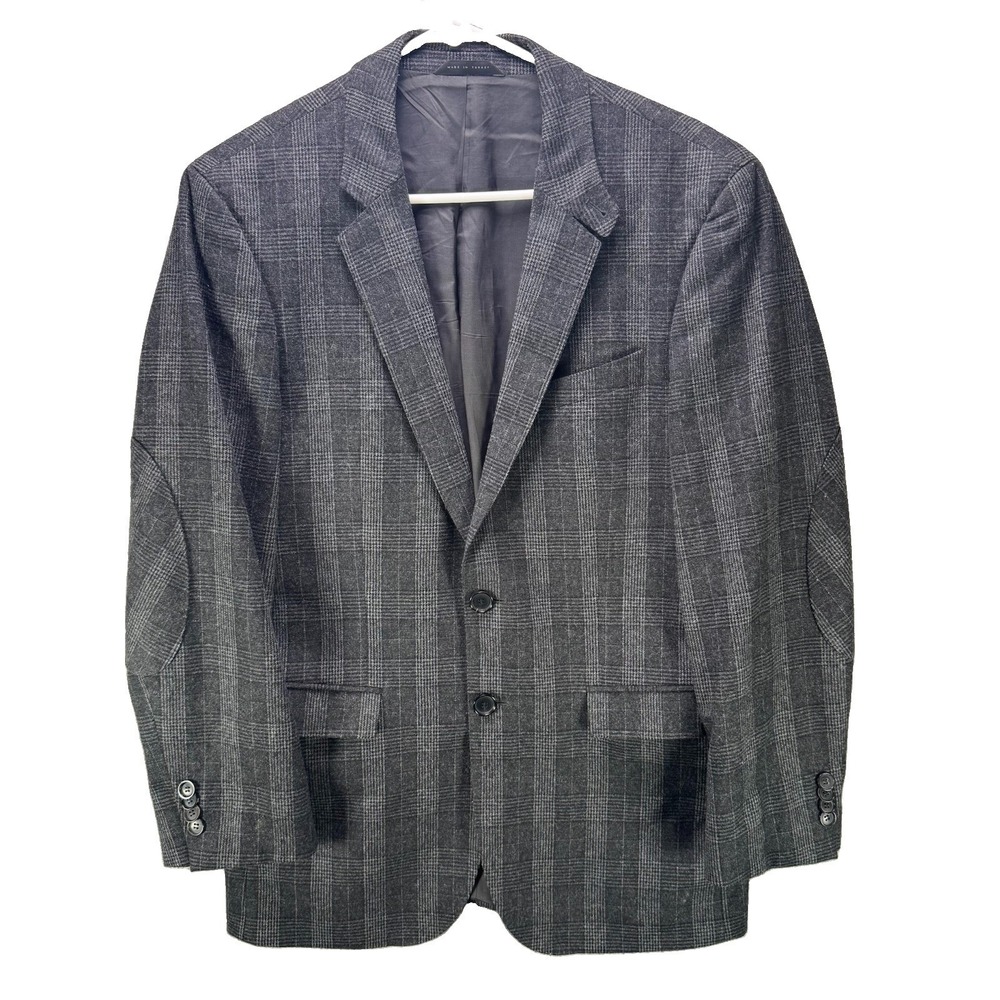 Hugo Boss Blazer Mens 38R Gray Plaid Wool Blend Jacket Elbow Pads